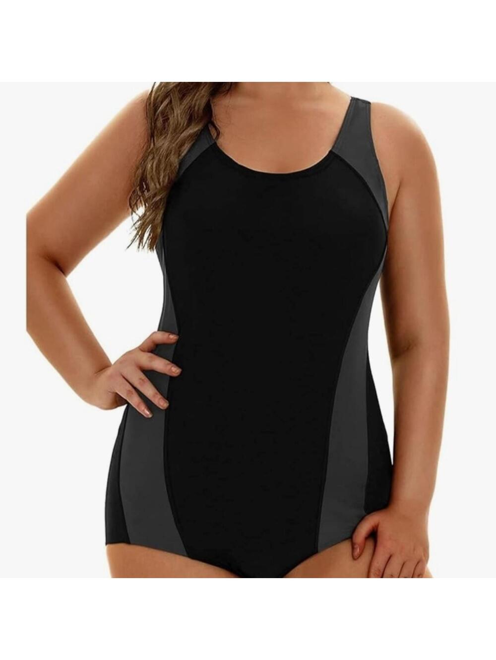 Plus Size Black and Gray One-Piece Swimsuit with Racerback